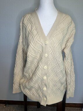 Vintage 90s 100% Cotton Chunky Cableknit Cottage Coastal Grandmacore Cardigan- M